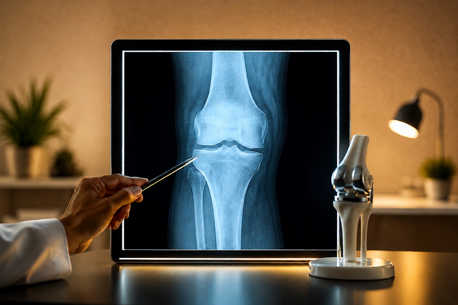 Conceptual orthopaedic consultation image with an illuminated knee X-ray, implant model and warm hospital wall