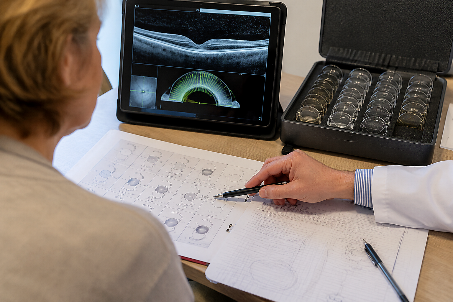 Refractive lens exchange consultation with lens options and planning documents