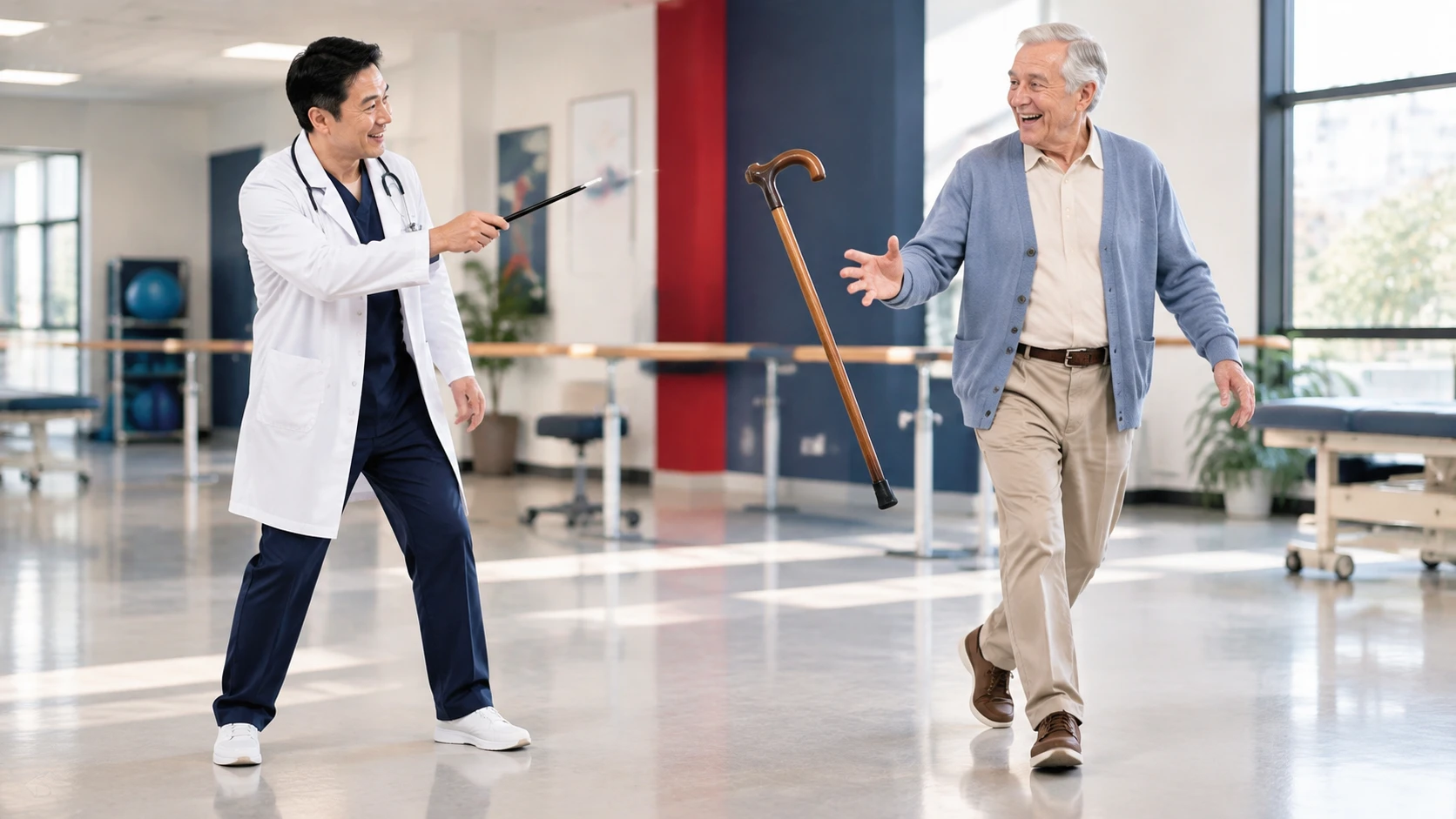 Playful AI-generated illustration of a Chinese doctor with a magic wand and an older white man tossing his walking stick; not a real patient or clinical outcome.